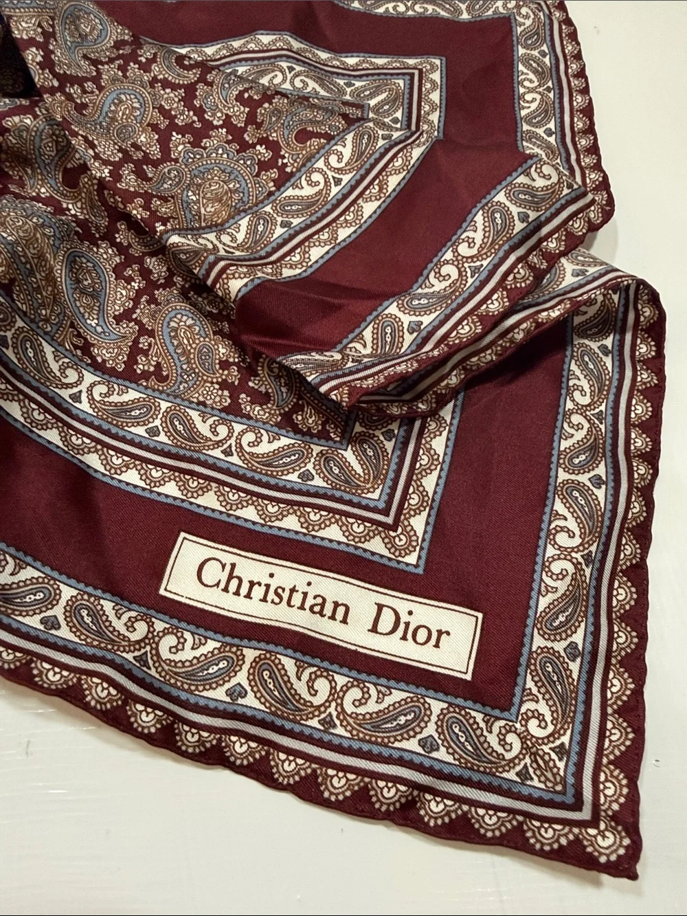 Christian Dior Silk Paisley Scarf Burgundy and Tan Unisex Men Women 18” square